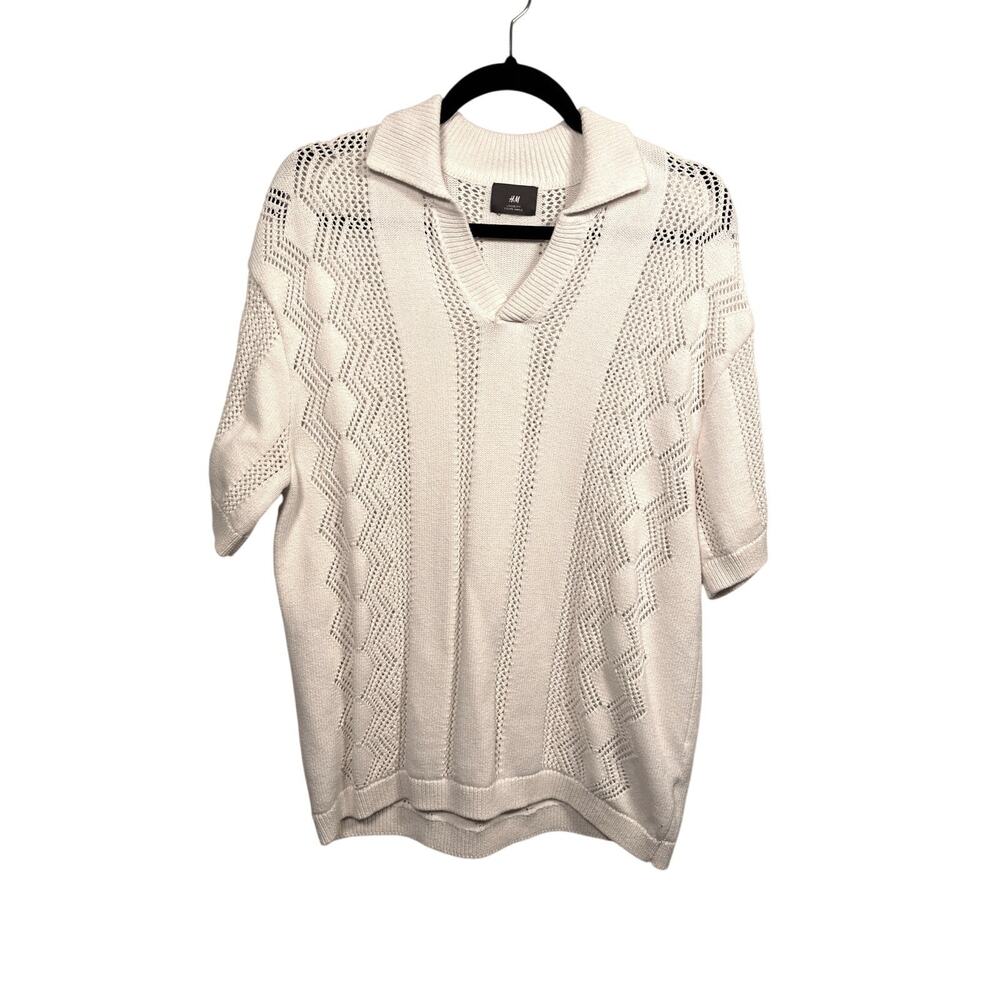 H&M Polo Shirt Mens Small Cream Loose Fit Pointelle-knit Short Sleeve Cotton